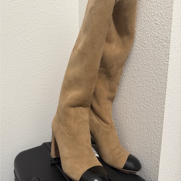 CHANEL Tan and Black Over the Knee Boots - Picture 2 of 4